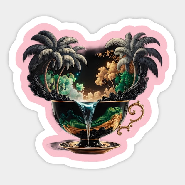 Cup with Liquid Spilling Out, Transforming Into a Landscape Scene with Palm Trees Sticker by animegirlnft